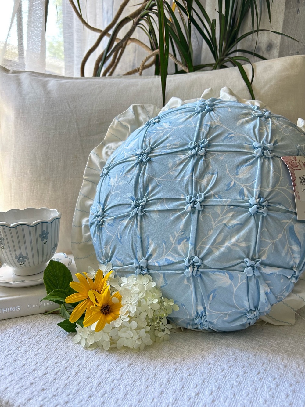 🌴Sweet Makers Collective Blue Round Coquette Cotton Toss Pillow w/ Ruffle Trim